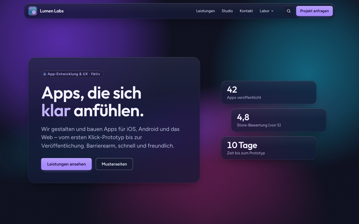 Das Kit „Glas“ im dunklen Farbschema: dunkle Glasflächen über einem violett-blauen Farbfeld