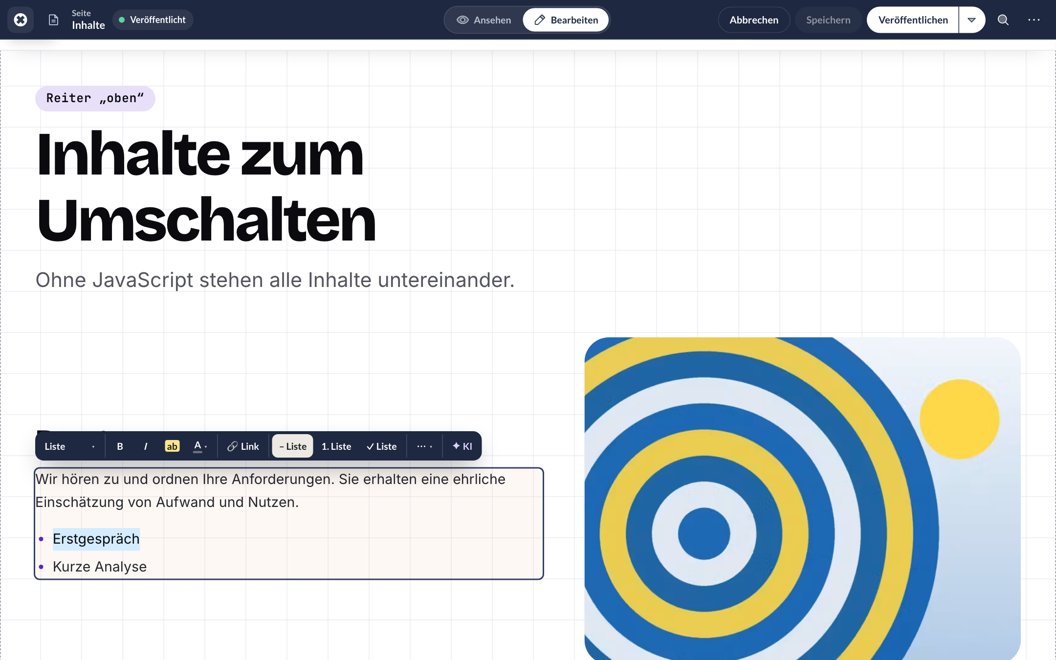 Formatierungsleiste über einem markierten Absatz: Absatzformat, Fett, Kursiv, Marker, Farbe, Link und Listen