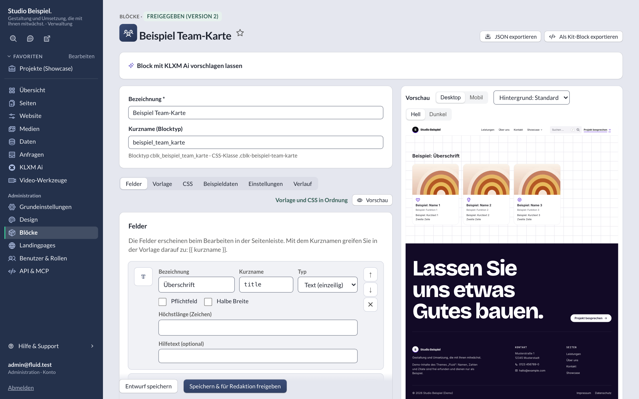 Block-Baukasten „Beispiel Team-Karte“: Felder links, Live-Vorschau mit drei Karten rechts