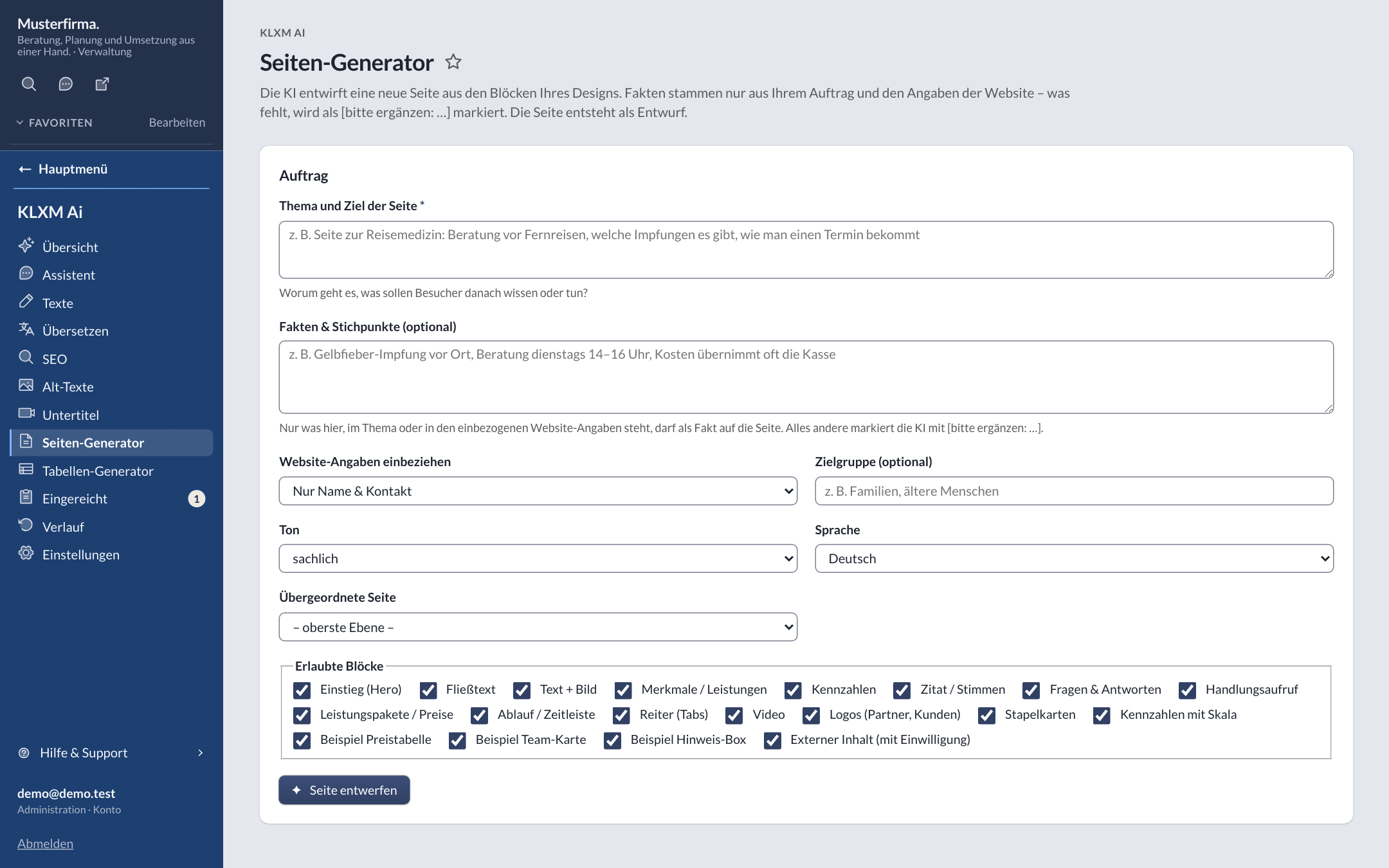 Seiten-Generator: Formular mit Thema, Fakten, Ton, Sprache und Auswahl der erlaubten Blöcke