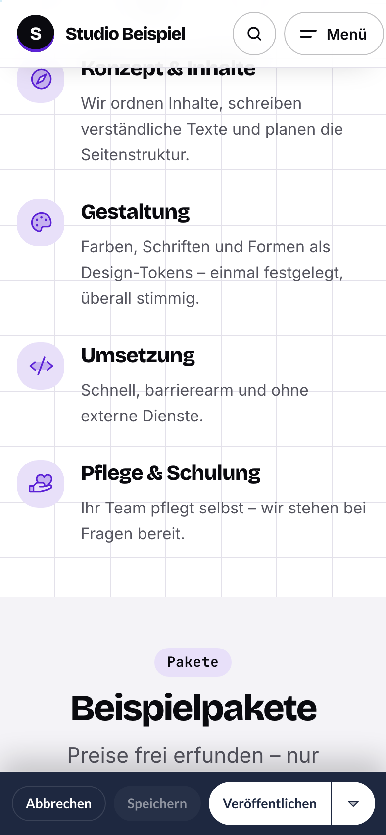 Bearbeiten auf dem Smartphone (390 Pixel): Karten mit Leistungen und Leiste unten mit Abbrechen, Speichern und Veröffentlichen