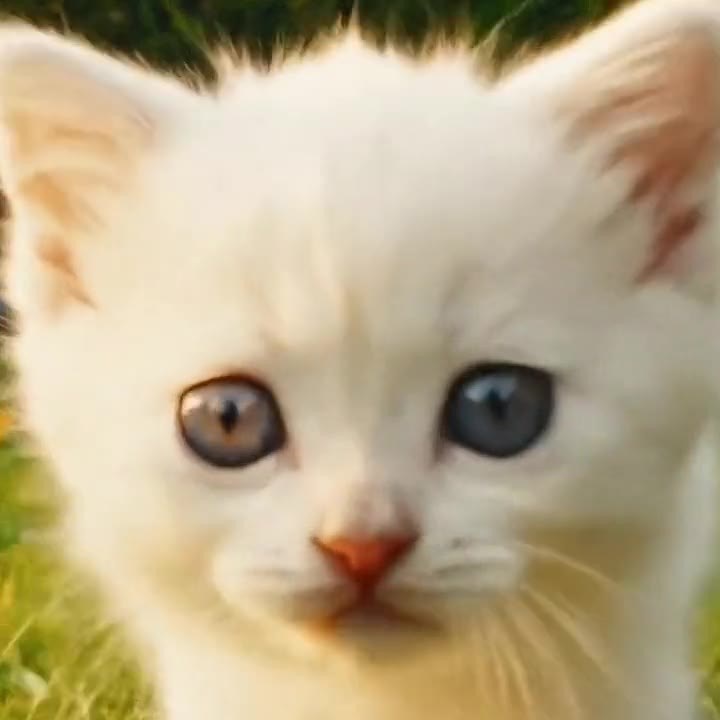 A white kitten in a meadow with flowers