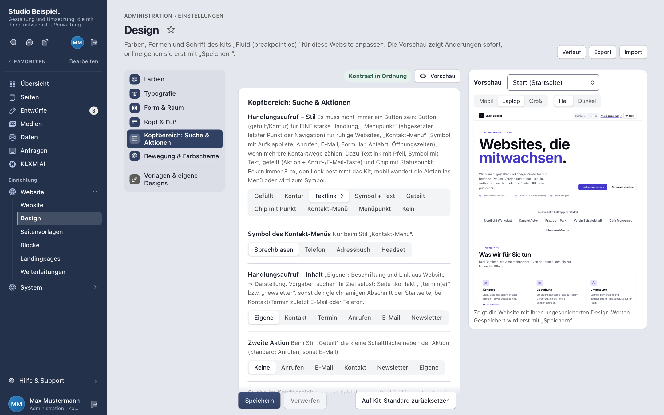 Style-Editor, Reiter „Kopfbereich: Suche & Aktionen“: Stile für den Handlungsaufruf von „Gefüllt“ bis „Kontakt-Menü“ und „Menüpunkt“, rechts die Live-Vorschau mit Suchfeld und Textlink im Kopf