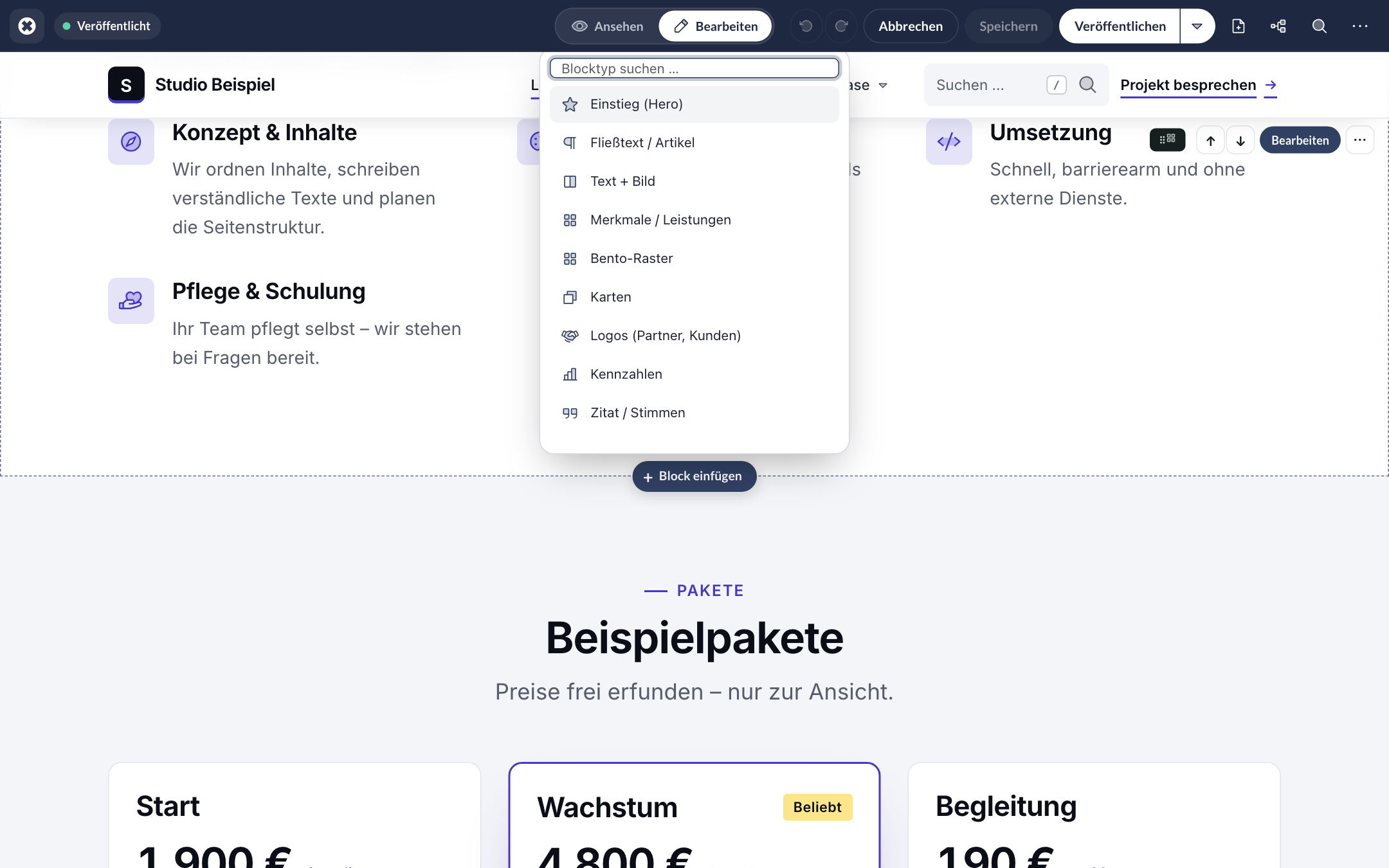 Auswahl „Block einfügen“ mit Suchfeld und Blocktypen wie Fließtext, Text + Bild, Merkmale und Karten