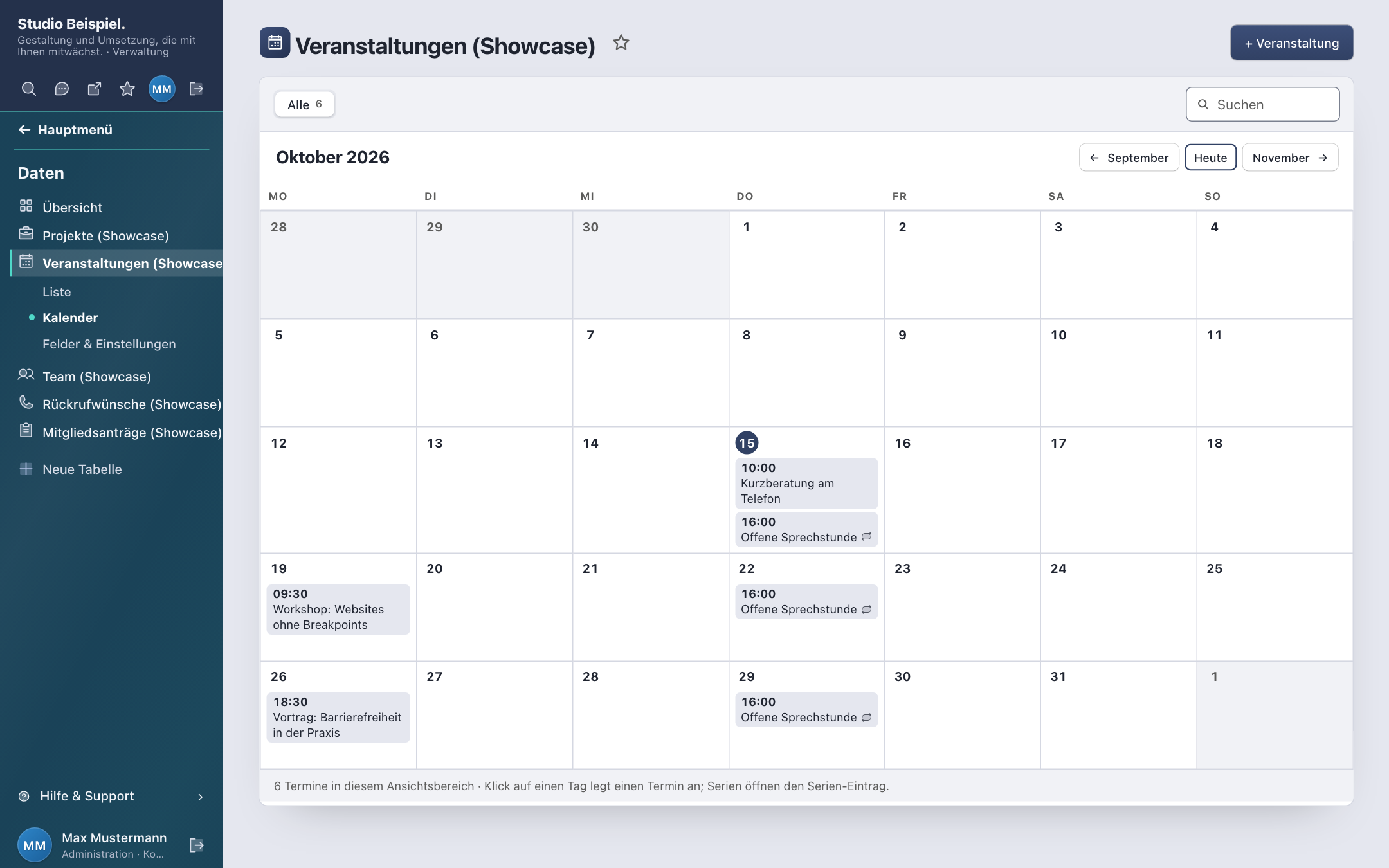 Kalenderansicht der Tabelle „Veranstaltungen“: Monatsraster September 2026 mit Terminen