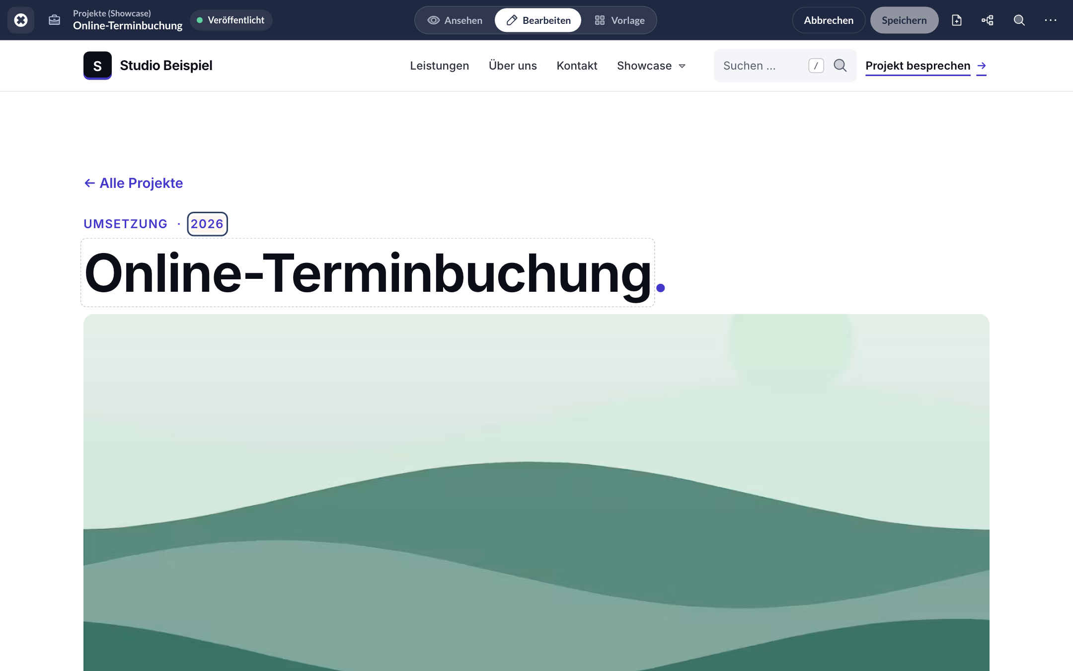 Detailseite eines Projekts im Bearbeiten-Modus: der Eintrag wird direkt auf der Website bearbeitet