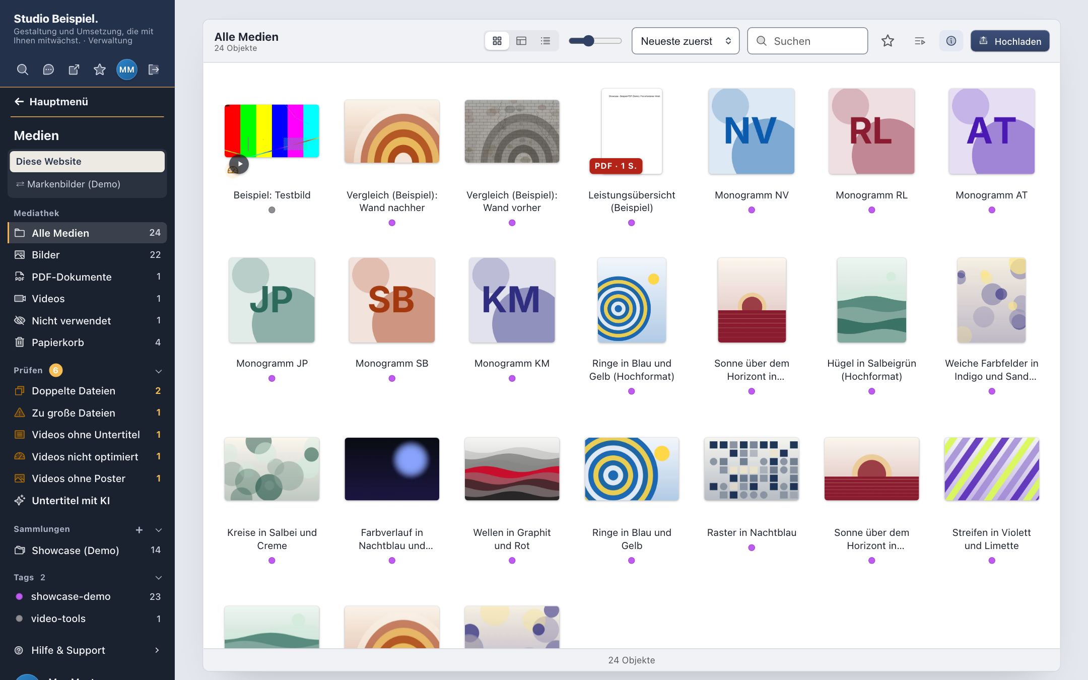 Mediathek im Finder-Stil: Raster mit Katzenfotos, Monogrammen und Grafiken, links Sammlungen und Tags, rechts Tastenkürzel