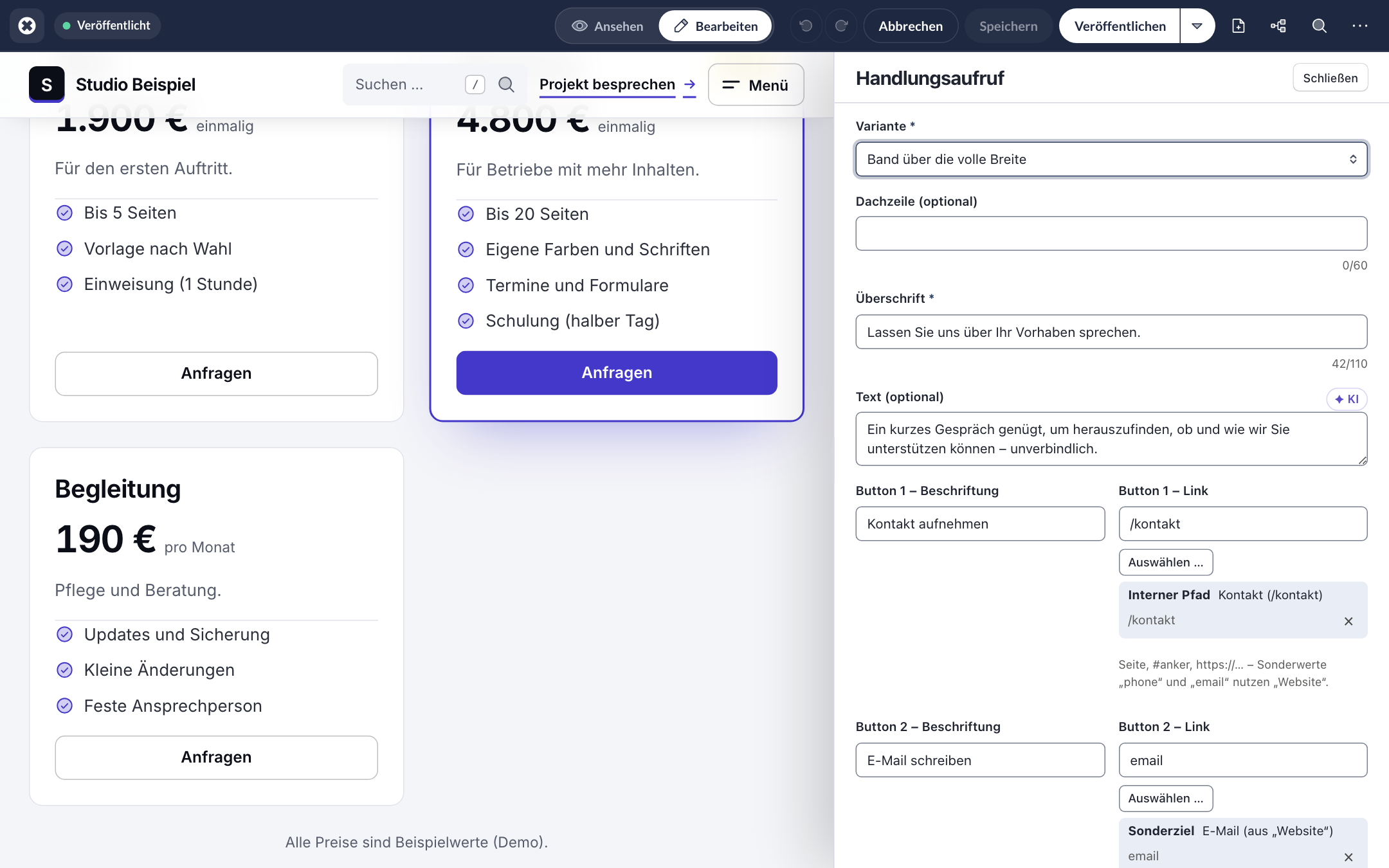 Seitenleiste eines Blocks „Handlungsaufruf“: Variante, Dachzeile, Überschrift, Text und Button-Links mit Auswahl interner Seiten