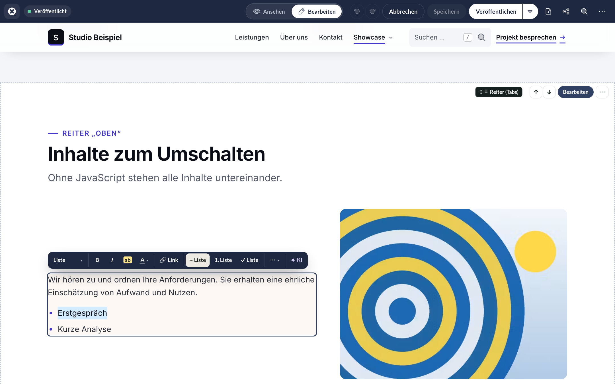 Formatierungsleiste über einem markierten Absatz: Absatzformat, Fett, Kursiv, Marker, Farbe, Link und Listen